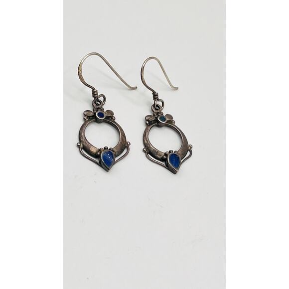 Earrings 925 Sterling Silver Vintage Dangle Blue Lapis Lazurite Unusual Design - Picture 1 of 7